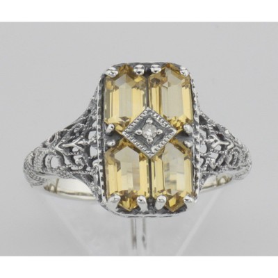 2 Carat Citrine Filigree Ring w/ Diamond - Sterling Silver - FR-151-C