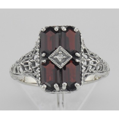 Antique Style 2 Carat Garnet Filigree Ring with Diamond - Sterling Silver - FR-151-G