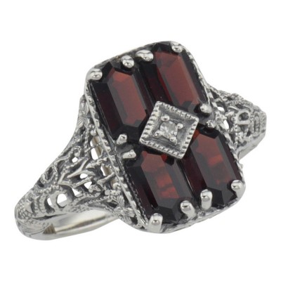 Antique Style 2 Carat Garnet Filigree Ring with Diamond - Sterling Silver - FR-151-G