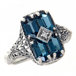 Art Deco 2 Ct London Blue Topaz Filigree Diamond Ring Sterling Silver