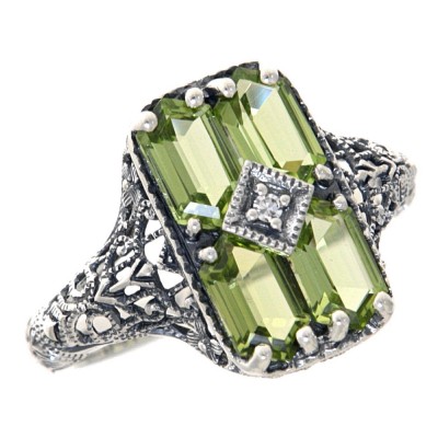 2 Carat Peridot Filigree Ring w/ Diamond - Sterling Silver - FR-151-P