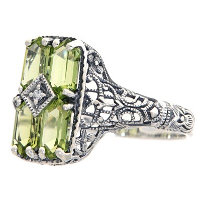 2 Carat Peridot Filigree Ring w/ Diamond - Sterling Silver - FR-151-P