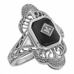 Victorian Style Classic Black Onyx Filigree Diamond Ring Sterling Silver