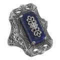 Victorian Style Blue Lapis Filigree Diamond Ring - Sterling Silver