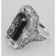 Antique Victorian Style Black Onyx Filigree Diamond Ring - Sterling Silver - FR-1538-O