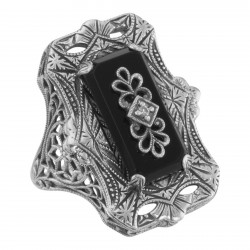 Antique Victorian Style Black Onyx Filigree Diamond Ring - Sterling Silver