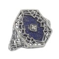 Victorian Style Blue Lapis Filigree Diamond Ring in Fine Sterling Silver