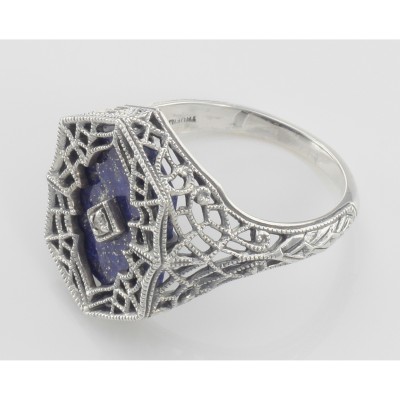Victorian Style Blue Lapis Filigree Diamond Ring in Fine Sterling Silver - FR-1541-L