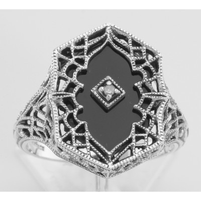 Victorian Style Black Onyx Filigree Diamond Ring in Fine Sterling Silver - FR-1541-O