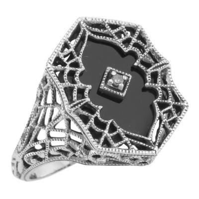Victorian Style Black Onyx Filigree Diamond Ring in Fine Sterling Silver - FR-1541-O