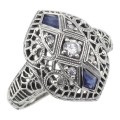 CZ / Sapphire Filigree Ring - Art Deco Style - Sterling Silver