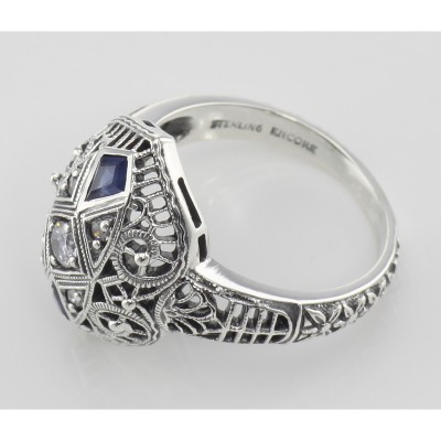 CZ / Sapphire Filigree Ring - Art Deco Style - Sterling Silver - FR-158