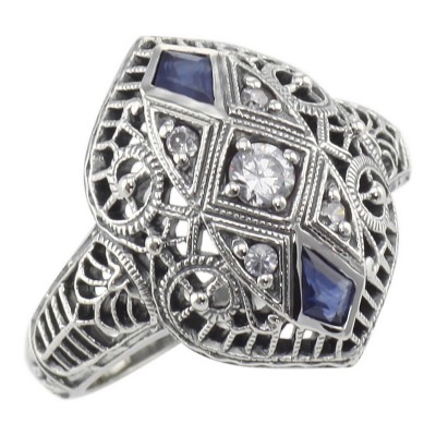 CZ / Sapphire Filigree Ring - Art Deco Style - Sterling Silver - FR-158