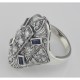 Cubic Zirconia and Sapphire Filigree Ring - Art Deco Style - Sterling Silver - FR-162-CZ