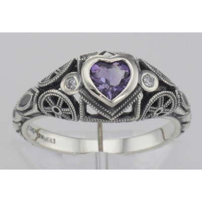Victorian Style Heart Shaped Amethyst  White Topaz Ring Sterling Silver - FR-17-AM-WT