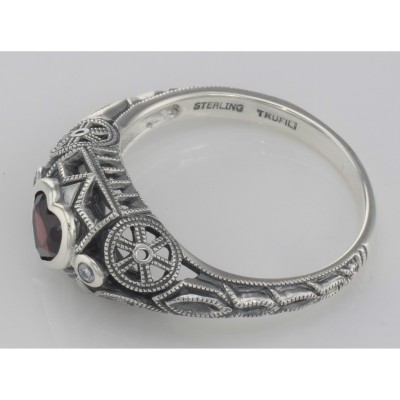Victorian Style Heart Shaped Garnet  White Topaz Ring Sterling Silver - FR-17-G-WT