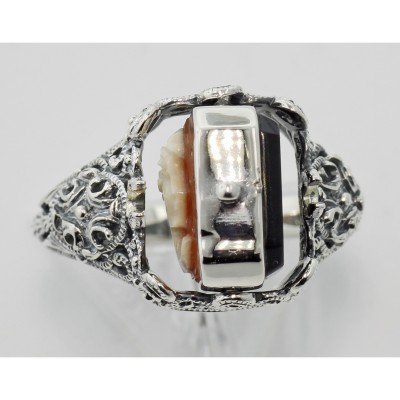 Hand Carved Italian Cameo / Onyx Filigree Flip Ring - Sterling Silver - FR-175-SH-O