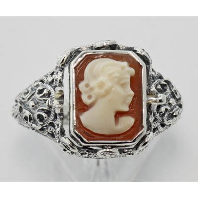 Hand Carved Italian Cameo / Onyx Filigree Flip Ring - Sterling Silver - FR-175-SH-O