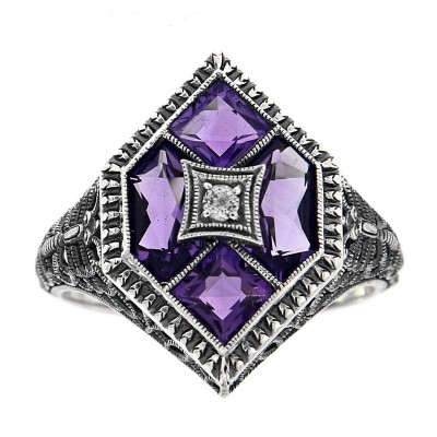 Art Deco Style Filigree Ring w/ Amethyst  White Topaz - Sterling Silver - FR-1827-AM