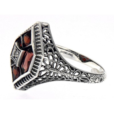 Art Deco Style Filigree Ring w/ Garnet  White Topaz - Sterling Silver - FR-1827-G