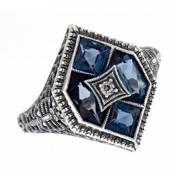 Art Deco Style Filigree Ring w/ London Blue  White Topaz - Sterling Silver