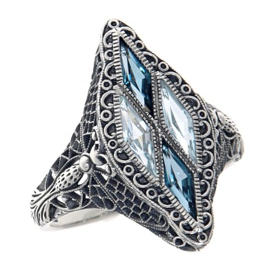 Art Deco Style Ring with London Blue Topaz - Blue Topaz - Sterling Silver - FR-1828-BT-LBT