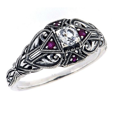 Art Deco Style White Topaz Filigree Ring w/ Ruby Accents - Sterling Silver - FR-1829-R-WT