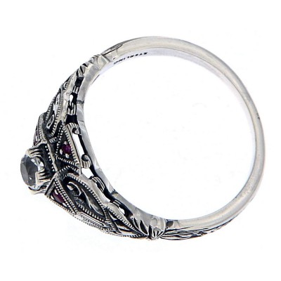 Art Deco Style White Topaz Filigree Ring w/ Ruby Accents - Sterling Silver - FR-1829-R-WT