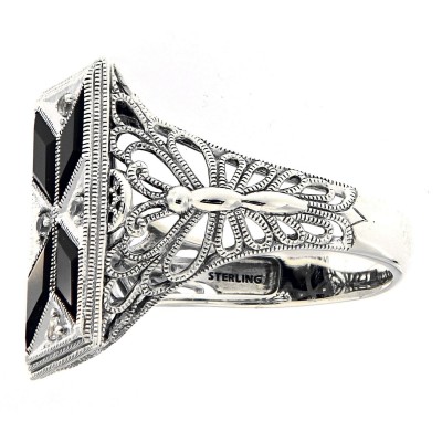 Art Deco Style Filigree Ring Black Onyx  White Topaz - Sterling Silver - FR-1830-O
