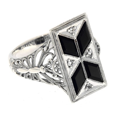 Art Deco Style Filigree Ring Black Onyx  White Topaz - Sterling Silver - FR-1830-O