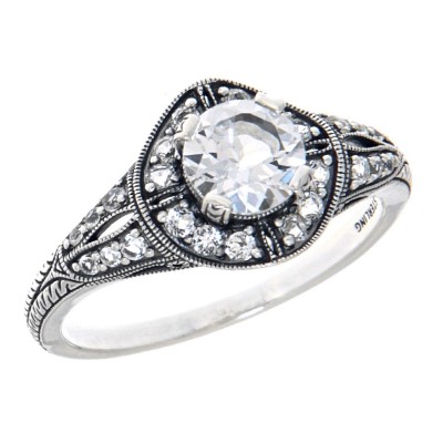 Art Deco Style Sterling Silver White Topaz Filigree Ring - FR-1834-WT