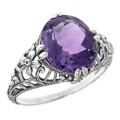 Victorian Style Geniune Amethyst Filigree Ring - Sterling Silver