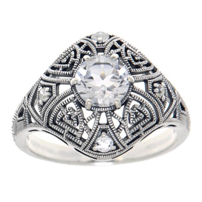 Art Deco Style Sterling Silver White Topaz Filigree Ring - FR-1837-WT
