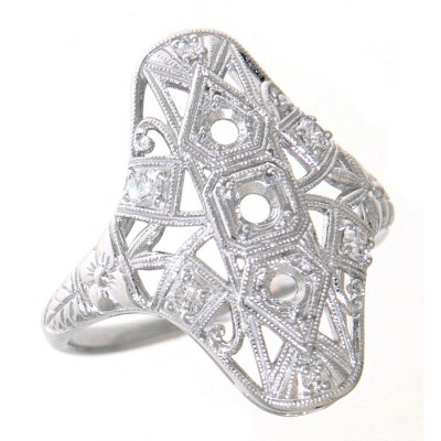 Art Deco Style Three Stone 14kt White Gold Filigree Semi Mount Diamond Ring - FR-1840-D-SEMI-WG