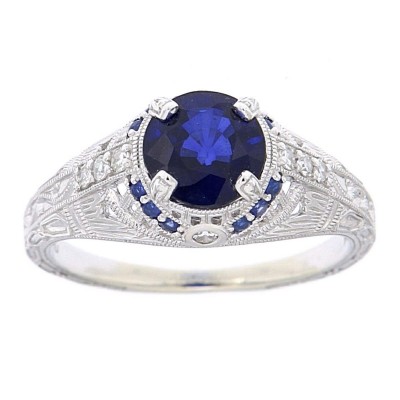 Art Deco Style Filigree Ring Diamond Sapphire 14kt White Gold - FR-1841-S-D-WG