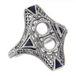 Art Deco Style Two Stone Semi Mount Ring Sapphire Accents Sterling Silver