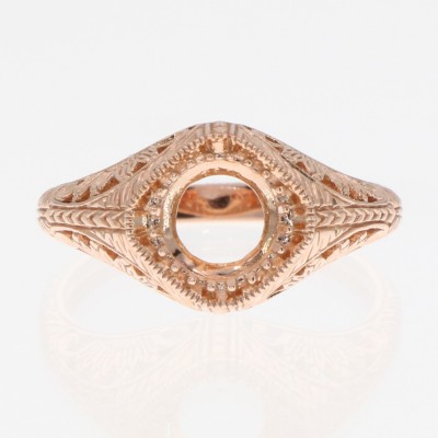Semi Mount for 6.5mm Round Gemstone Art Deco Style 14kt Rose Gold Filigree Vintage Inspired Ring - FR-1848-SEMI-RG