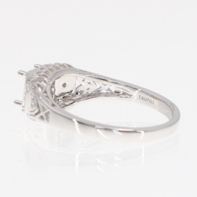 Semi Mount Art Deco Style 14kt White Gold Filigree Ring Ready for 5.5mm Gemstone w/ 2 Diamonds - FR-1853-SEMI-WG
