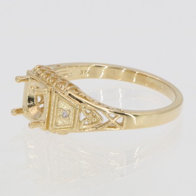 6mm Semi Mount Art Deco Style 14kt Yellow Gold Filigree Ring w/ 2 Diamonds - FR-1855-SEMI-YG
