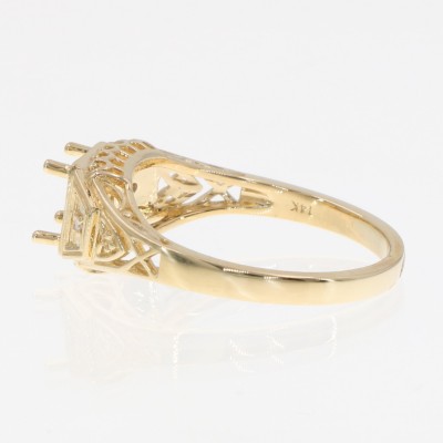 6mm Semi Mount Art Deco Style 14kt Yellow Gold Filigree Ring w/ 2 Diamonds - FR-1855-SEMI-YG