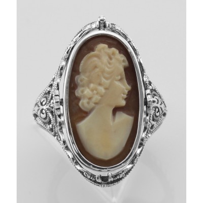 Antique Style Cameo / Onyx Filigree Flip Ring w / Diamond - Sterling Silver - FR-192-SH-O