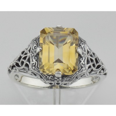 Art Deco Emerald Cut Genuine Citrine Filigree Ring - Sterling Silver - FR-193-C