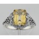 Art Deco Emerald Cut Genuine Citrine Filigree Ring - Sterling Silver - FR-193-C
