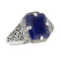 Art Deco Style Blue Lapis Filigree Ring - Sterling Silver