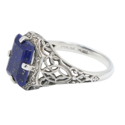 Art Deco Style Blue Lapis Filigree Ring - Sterling Silver - FR-193-L
