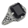 Art Deco Style Black Onyx Filigree Ring - Sterling Silver