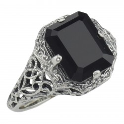Art Deco Style Black Onyx Filigree Ring - Sterling Silver