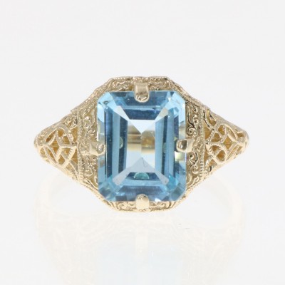 Vintage Style 2 1/2 Carat Swiss Blue Topaz Filigree Ring - 14kt Yellow Gold - FR-193-SB-YG