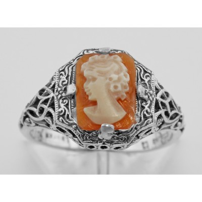 Hand Carved Italian Shell Cameo Filigree Ring - Sterling Silver - FR-193-SH
