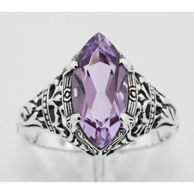Antique Style Amethyst Filigree Ring - Sterling Silver - FR-194-AM